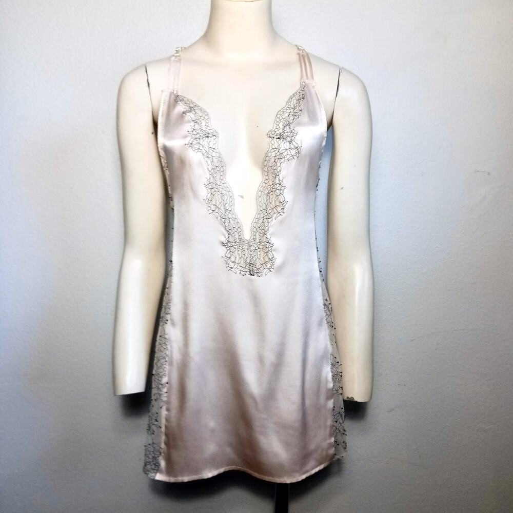 Victoria's Secret Satin Black Lace Nightie Strappy Sheer SZ S Cream Gown
